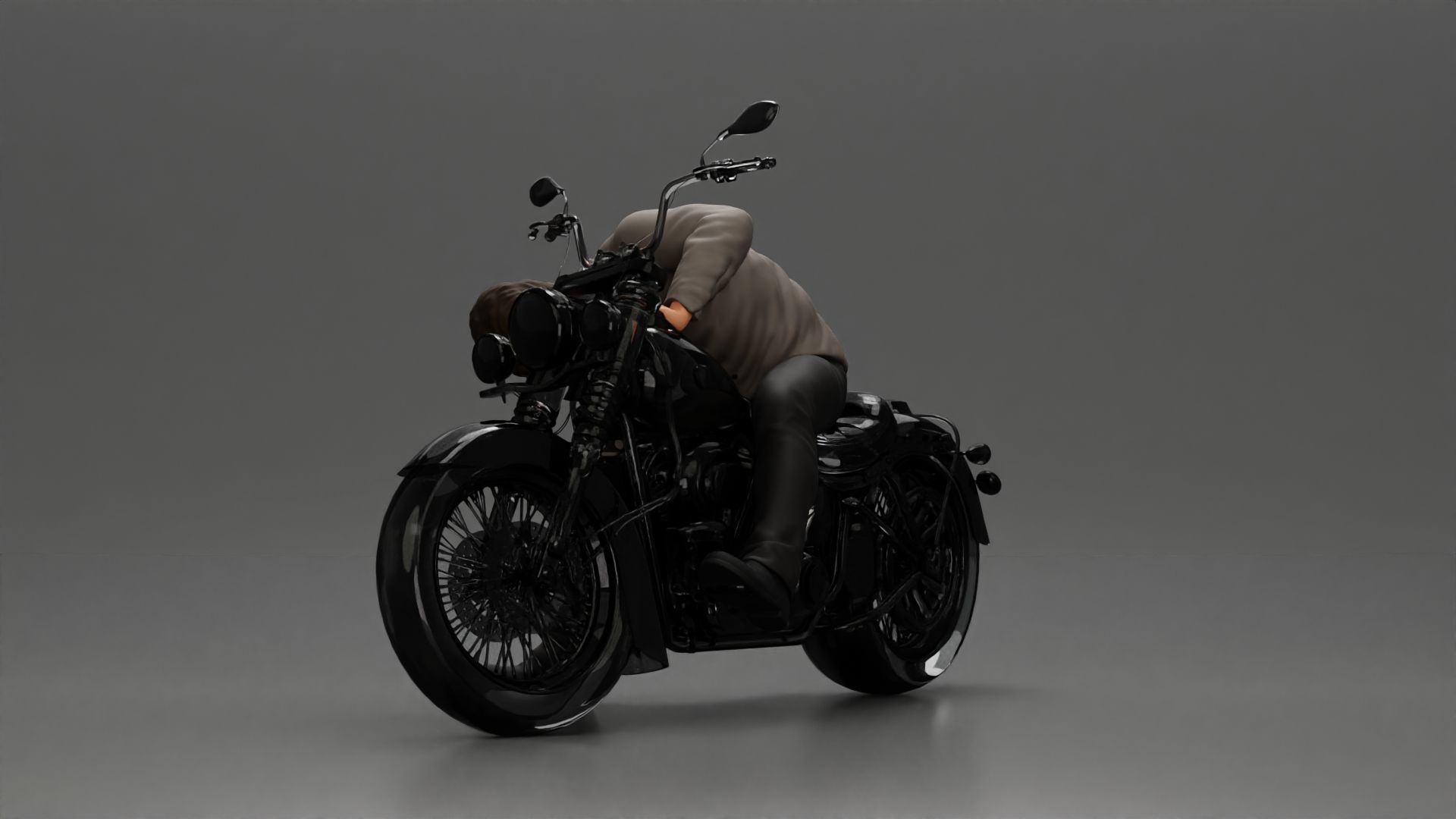 Man sitting on a vintage motorcycle checking it for restoration 3D print model_6