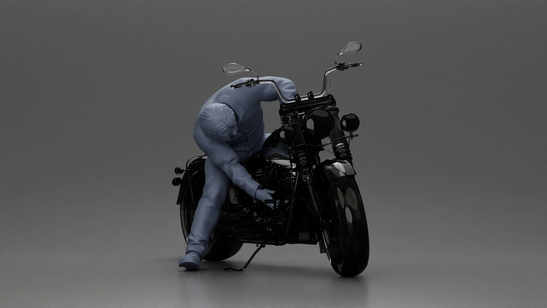 Man sitting on a vintage motorcycle checking it for restoration 3D print model_7