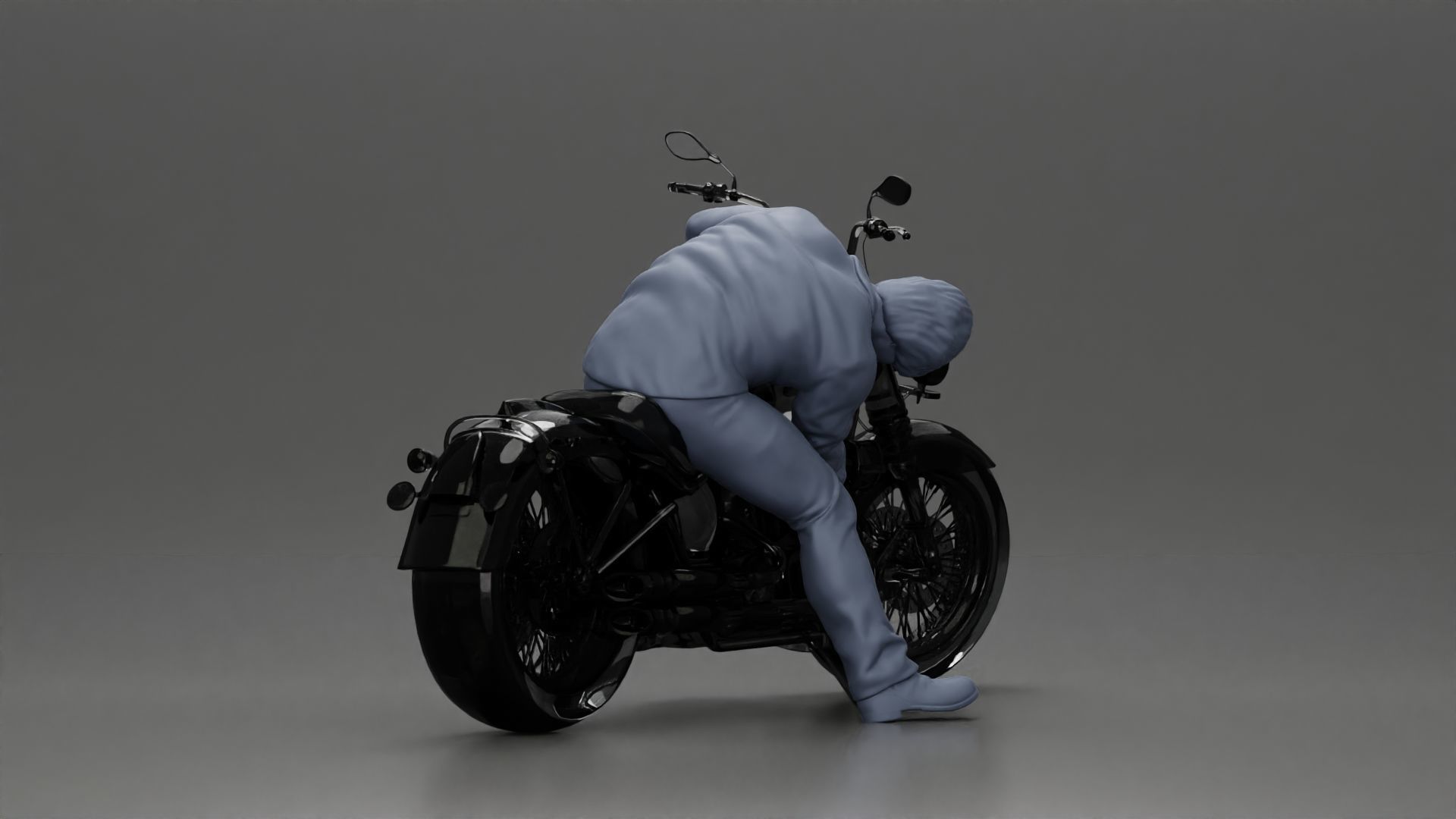 Man sitting on a vintage motorcycle checking it for restoration 3D print model_9