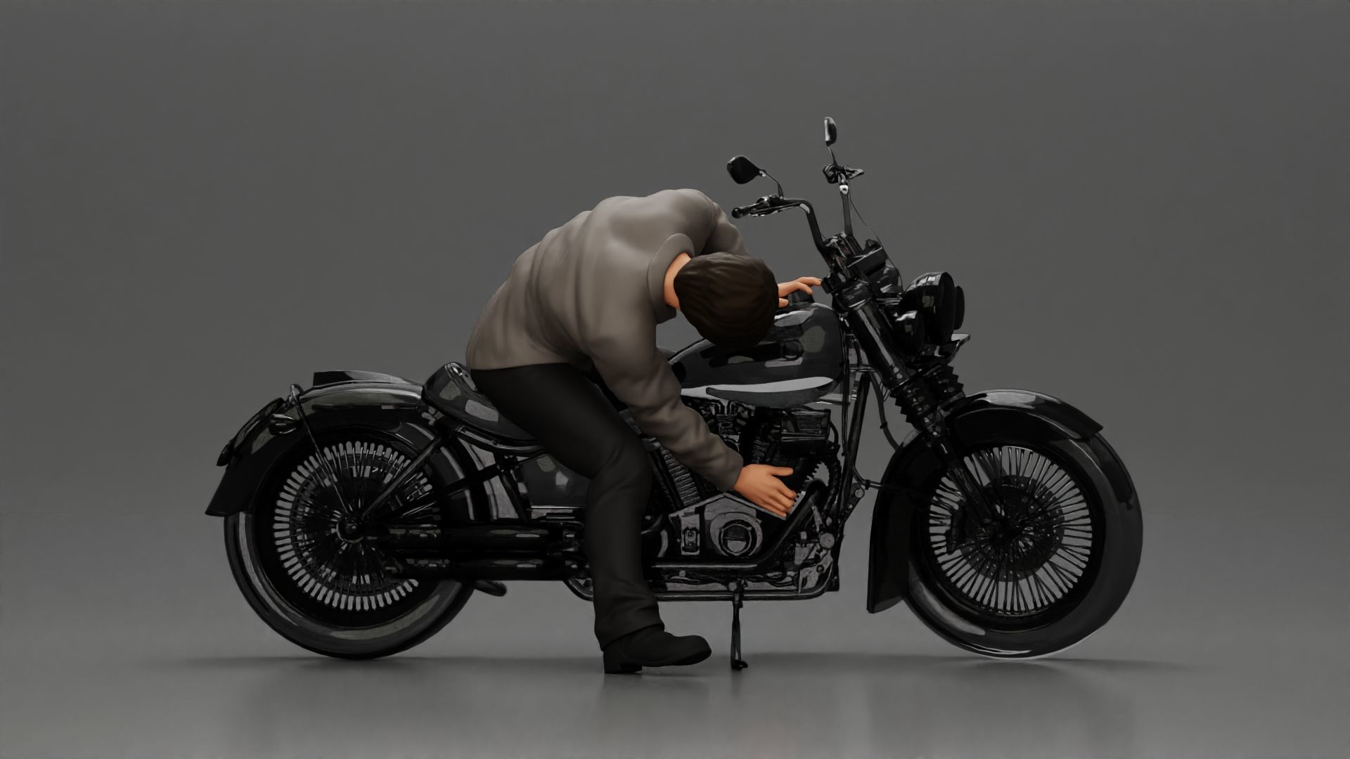 Man sitting on a vintage motorcycle checking it for restoration 3D print model_2