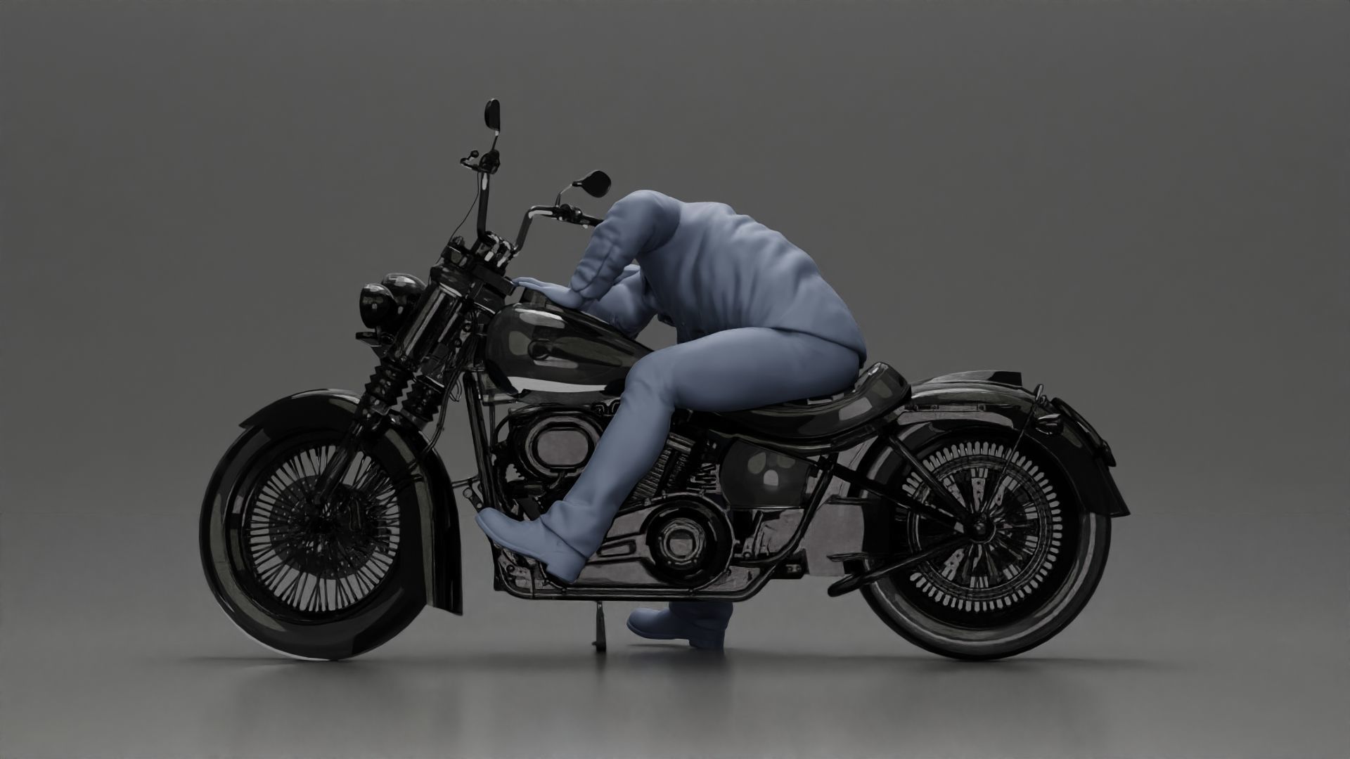 Man sitting on a vintage motorcycle checking it for restoration 3D print model_11