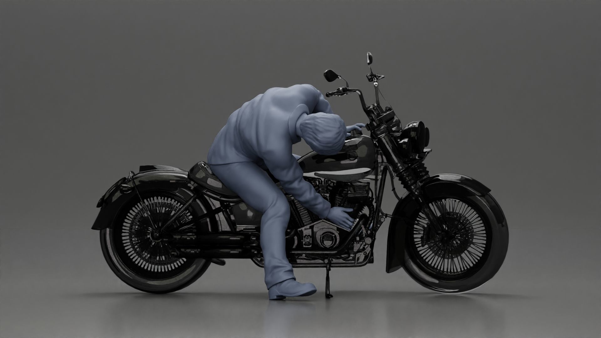 Man sitting on a vintage motorcycle checking it for restoration 3D print model_8