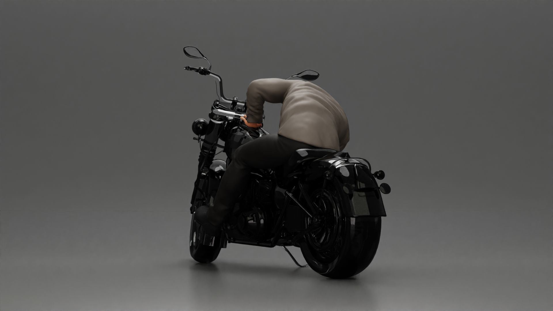 Man sitting on a vintage motorcycle checking it for restoration 3D print model_4