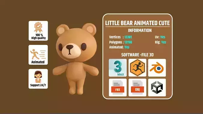 Little Bear Animated Cute 3D Models For Games And Animations Low-poly 3D model