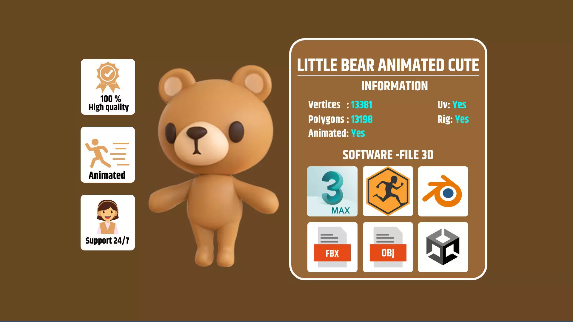 Little Bear Animated Cute 3D Models For Games And Animations Low-poly 3D model_0