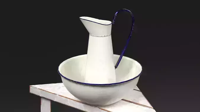 Old Enamel Jug and Wash Basin with Corner Table