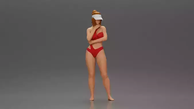 Sexy girl in a bikini and an empty top cap thinking on the beach