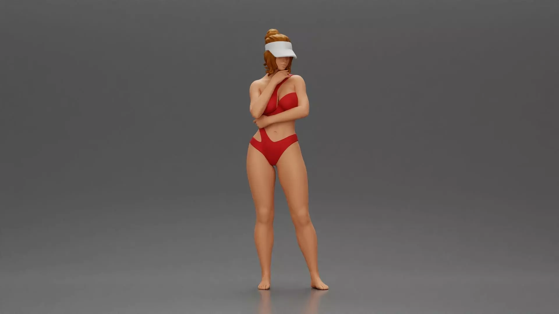 Sexy girl in a bikini and an empty top cap thinking on the beach 3D print model_0