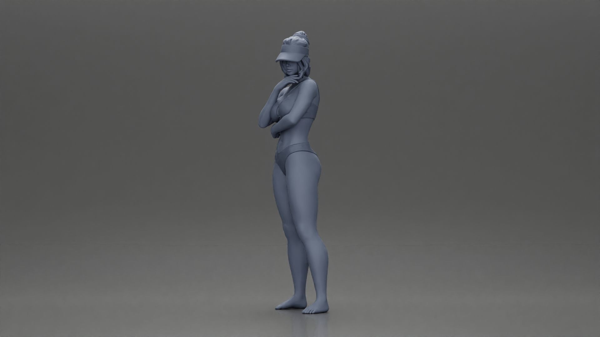 Sexy girl in a bikini and an empty top cap thinking on the beach 3D print model_11