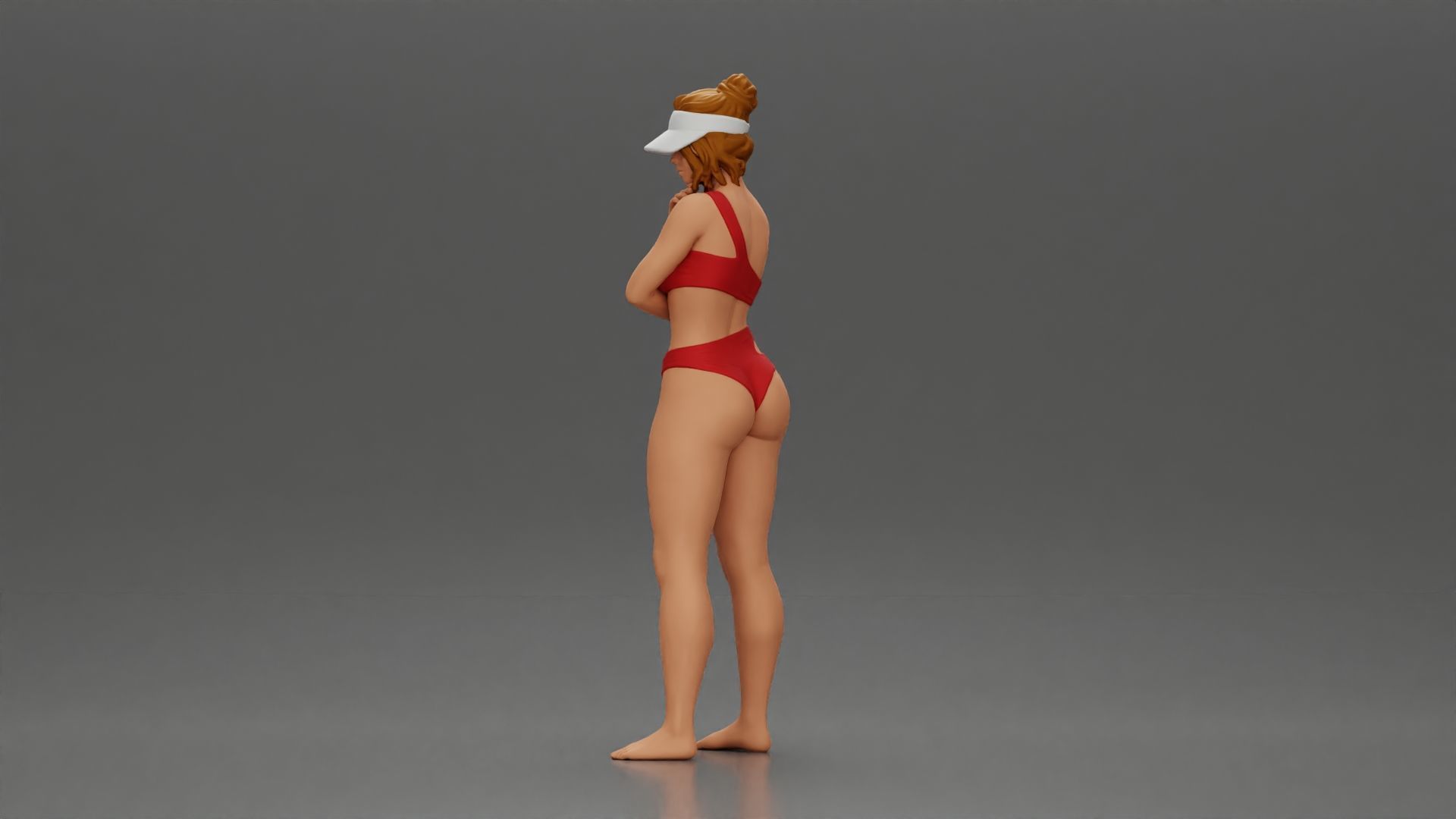 Sexy girl in a bikini and an empty top cap thinking on the beach 3D print model_4