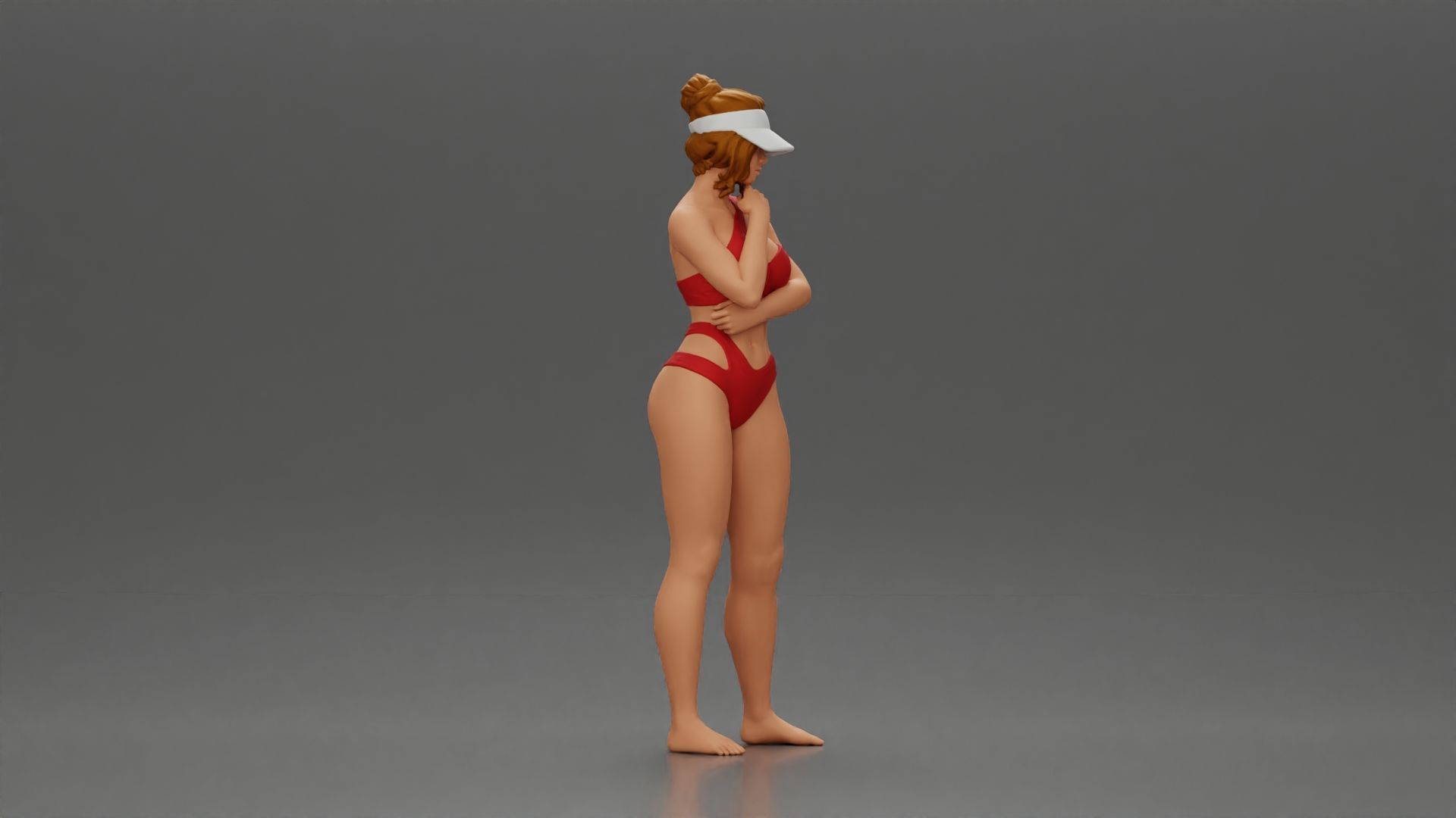 Sexy girl in a bikini and an empty top cap thinking on the beach 3D print model_1