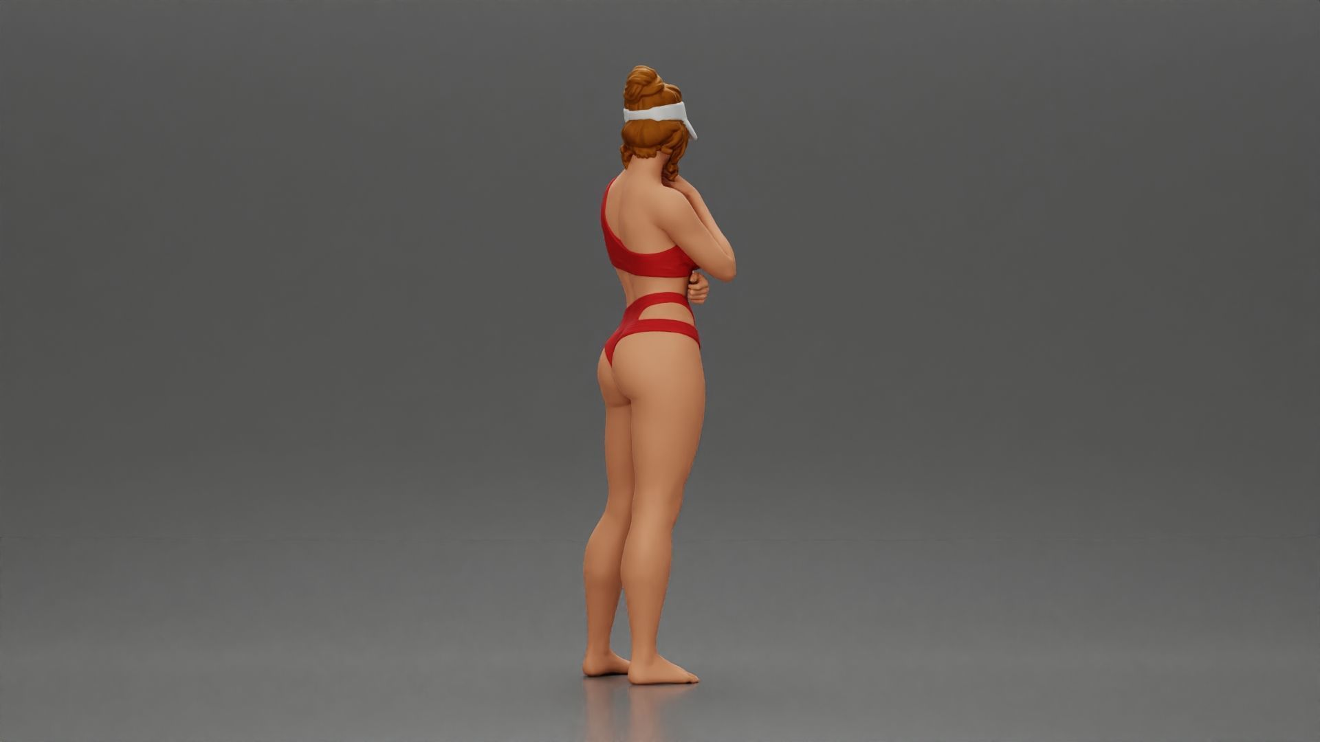 Sexy girl in a bikini and an empty top cap thinking on the beach 3D print model_2