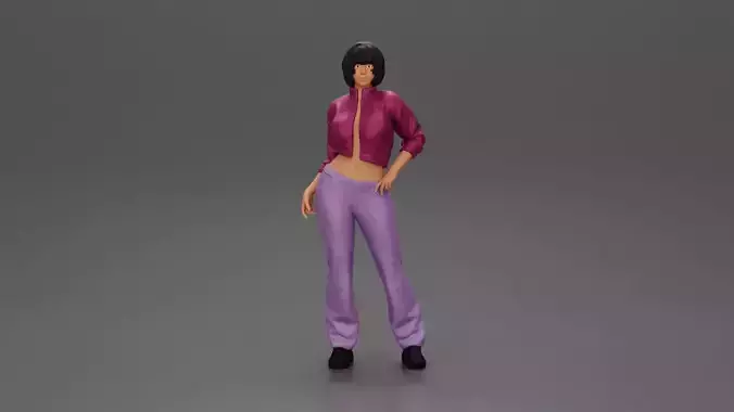 attractive girl with short hair posing in mini open jacket pants