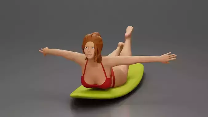 surfer girl with effortless grace lying on surfboard rides wave 3D print model