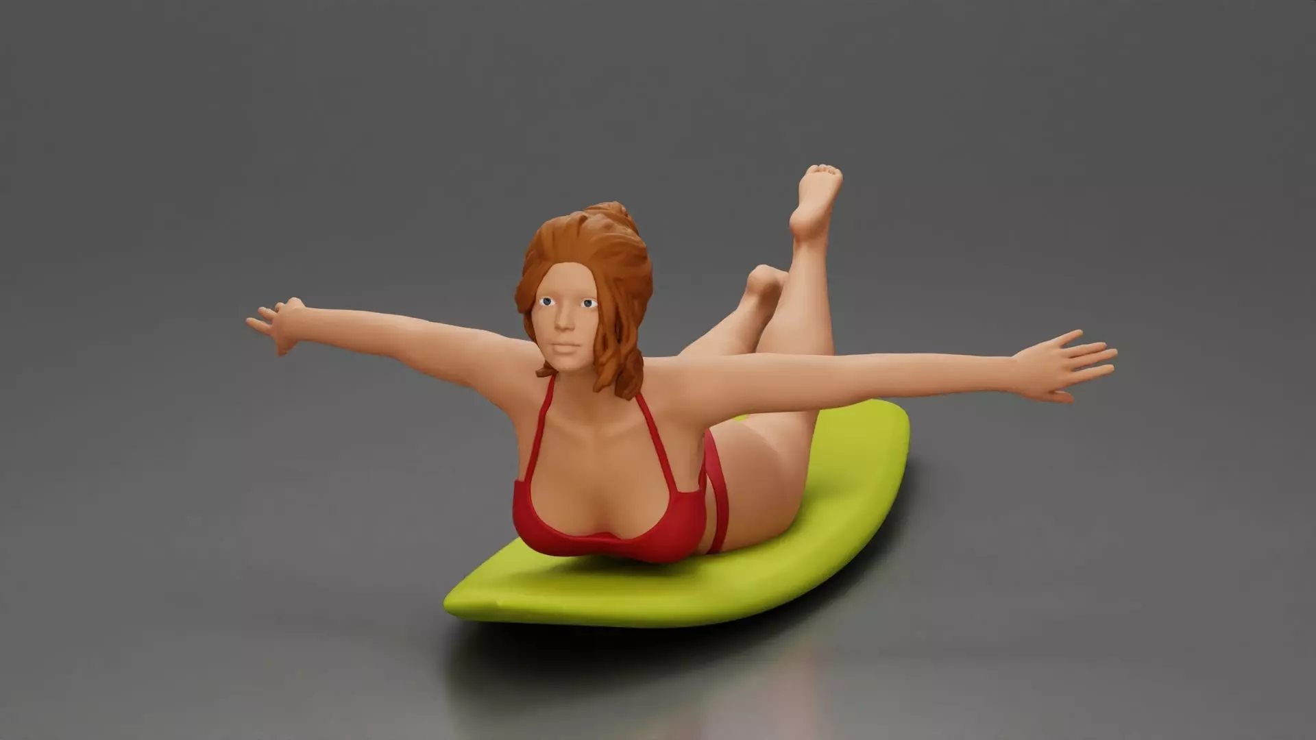surfer girl with effortless grace lying on surfboard rides wave 3D print model