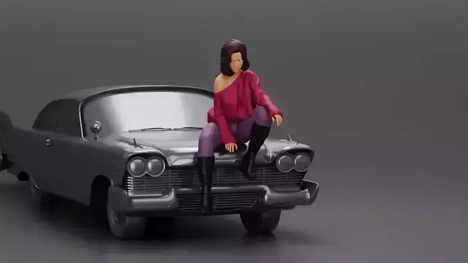 lowrider girl sitting on a car wearing boots and a stylish shirt