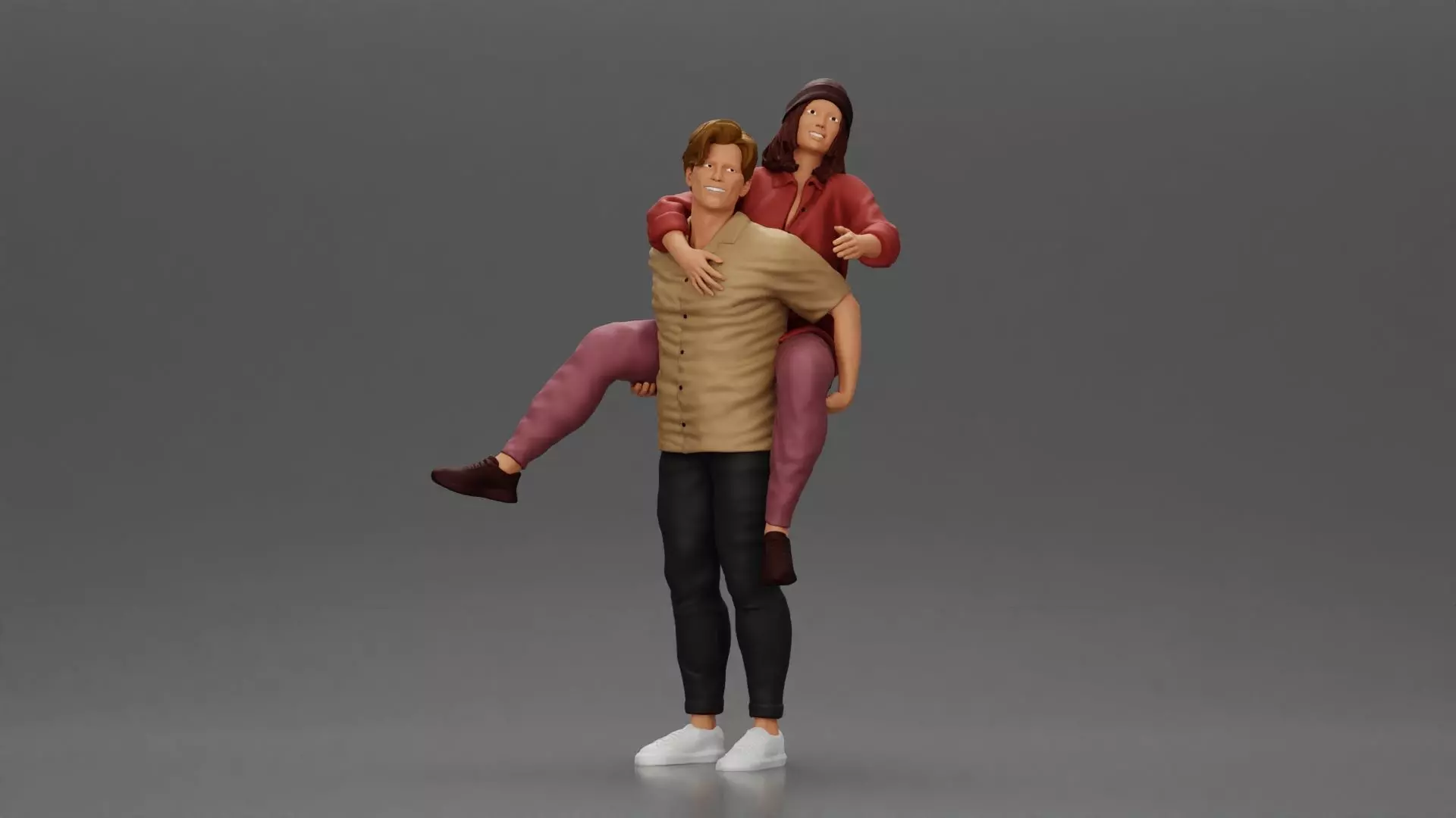 handsome happy man in shirt pulling girlfriend in hat open shirt 3D print model_0