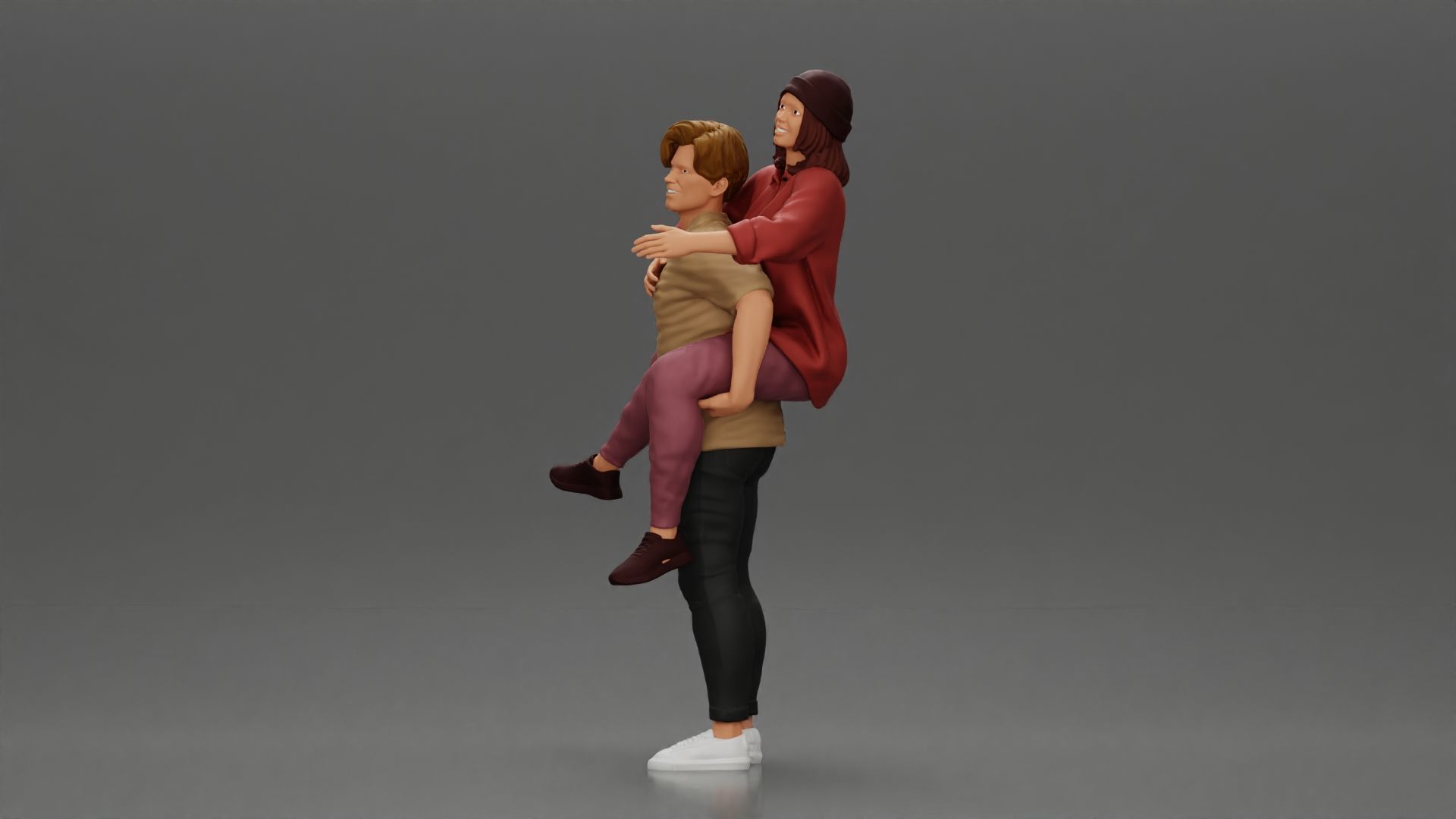 handsome happy man in shirt pulling girlfriend in hat open shirt 3D print model_6