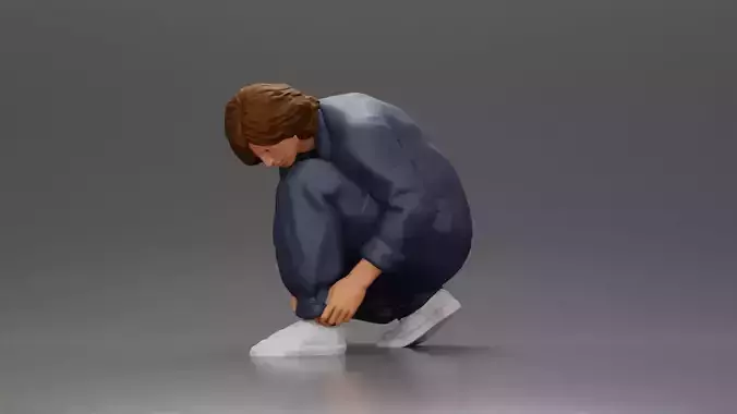 Worker injumpsuit Squatting Down Adjusting Pants with Focus