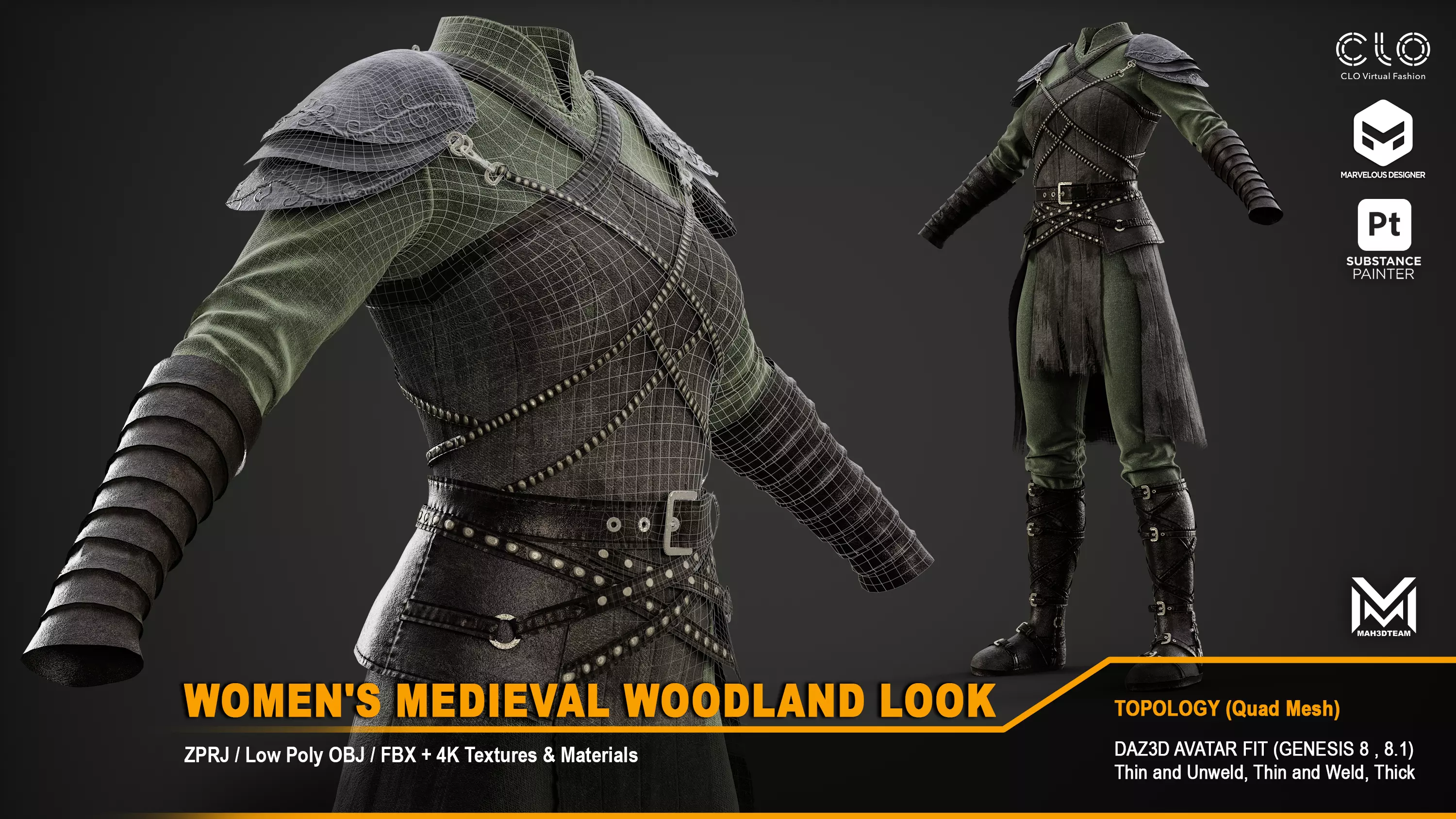 Women Medieval Woodland Look Low-poly 3D model_0
