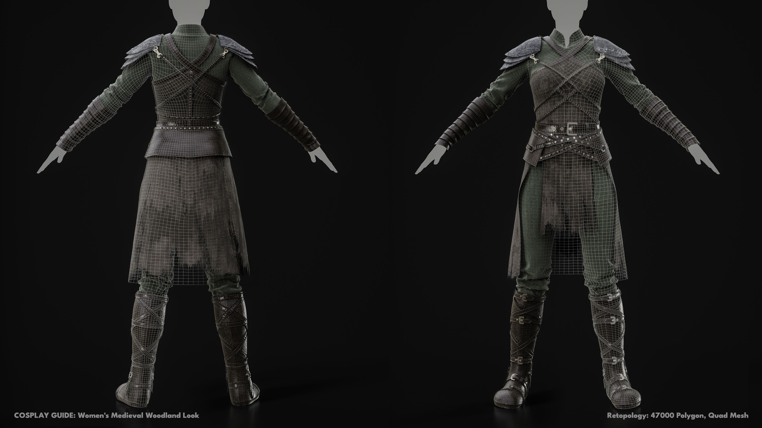 Women Medieval Woodland Look Low-poly 3D model_13