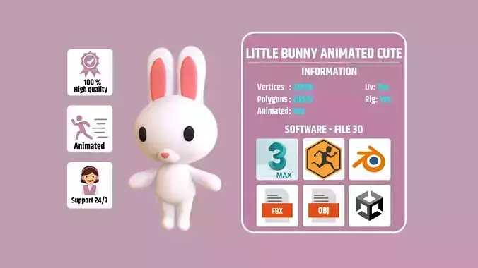 Little Bunny Animated Cute 3D Models For Games And Animations Low-poly 3D model