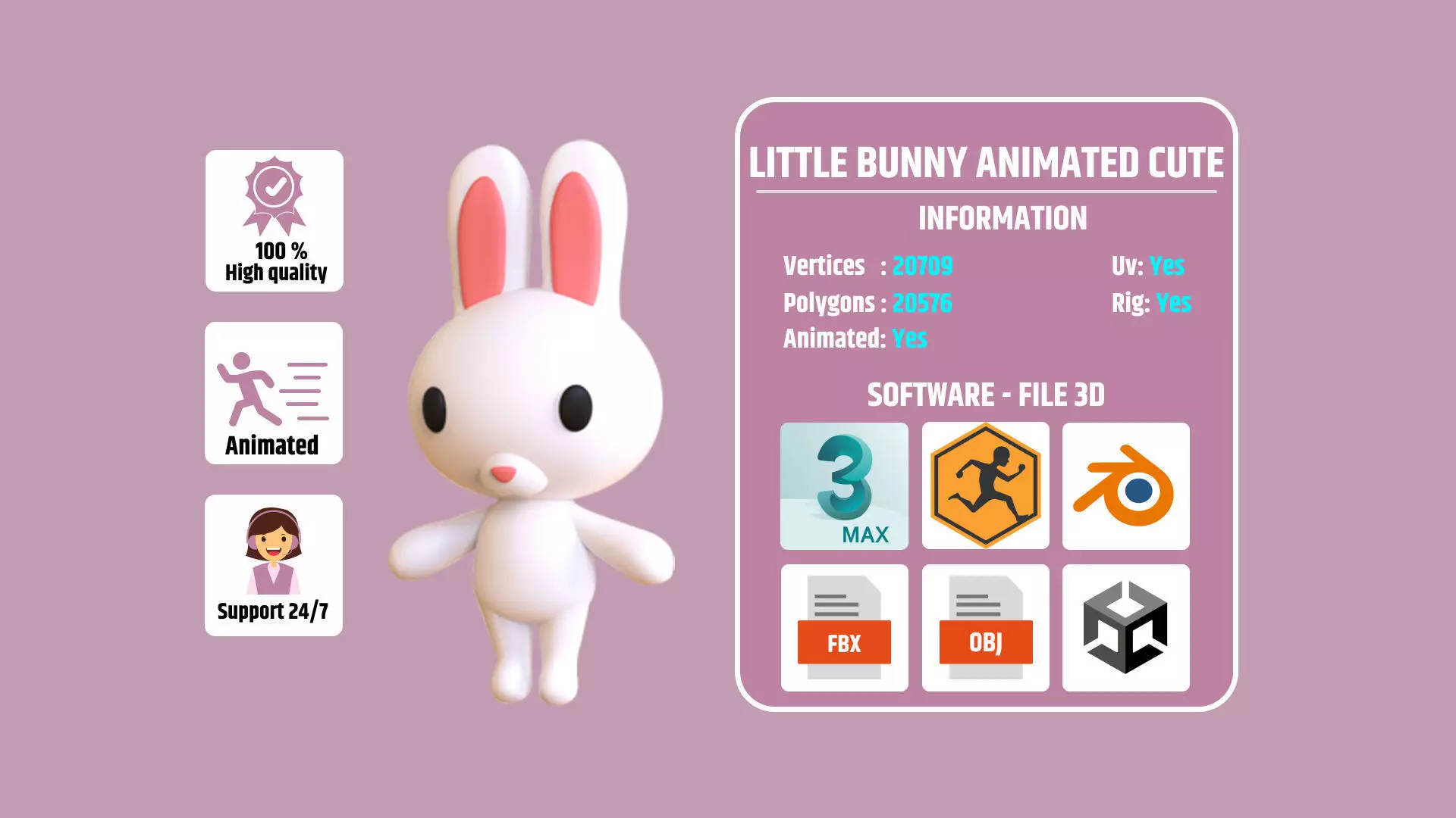 Little Bunny Animated Cute 3D Models For Games And Animations Low-poly 3D model_0
