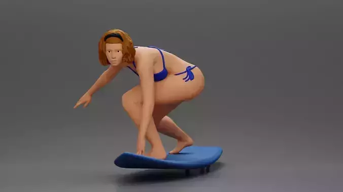 Confident surfer woman in a bikini riding a wave on surfboard 3D print model
