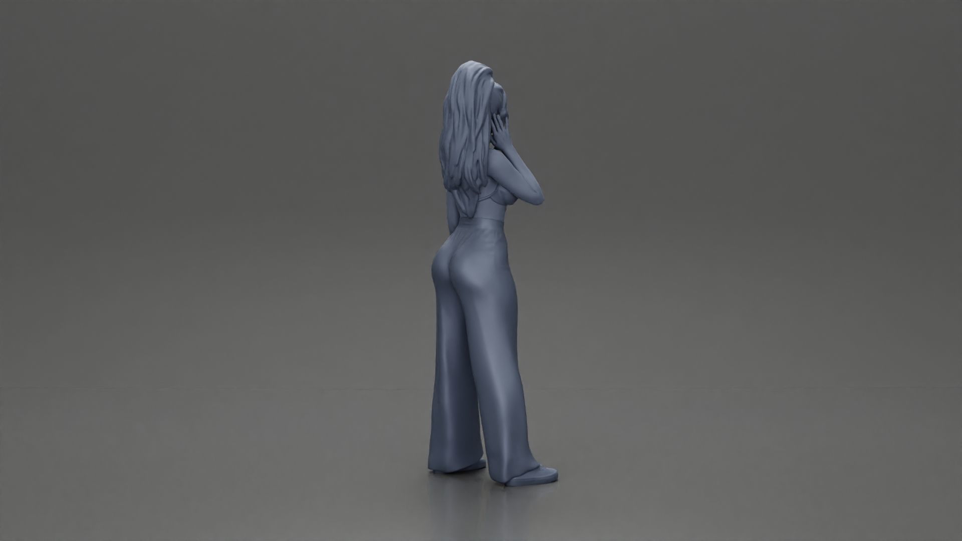 Stylish woman in a crop top and pants standing thoughtfully 3D print model_9