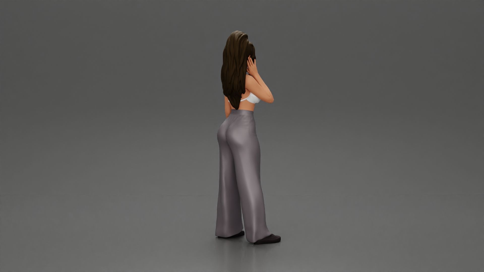 Stylish woman in a crop top and pants standing thoughtfully 3D print model_3