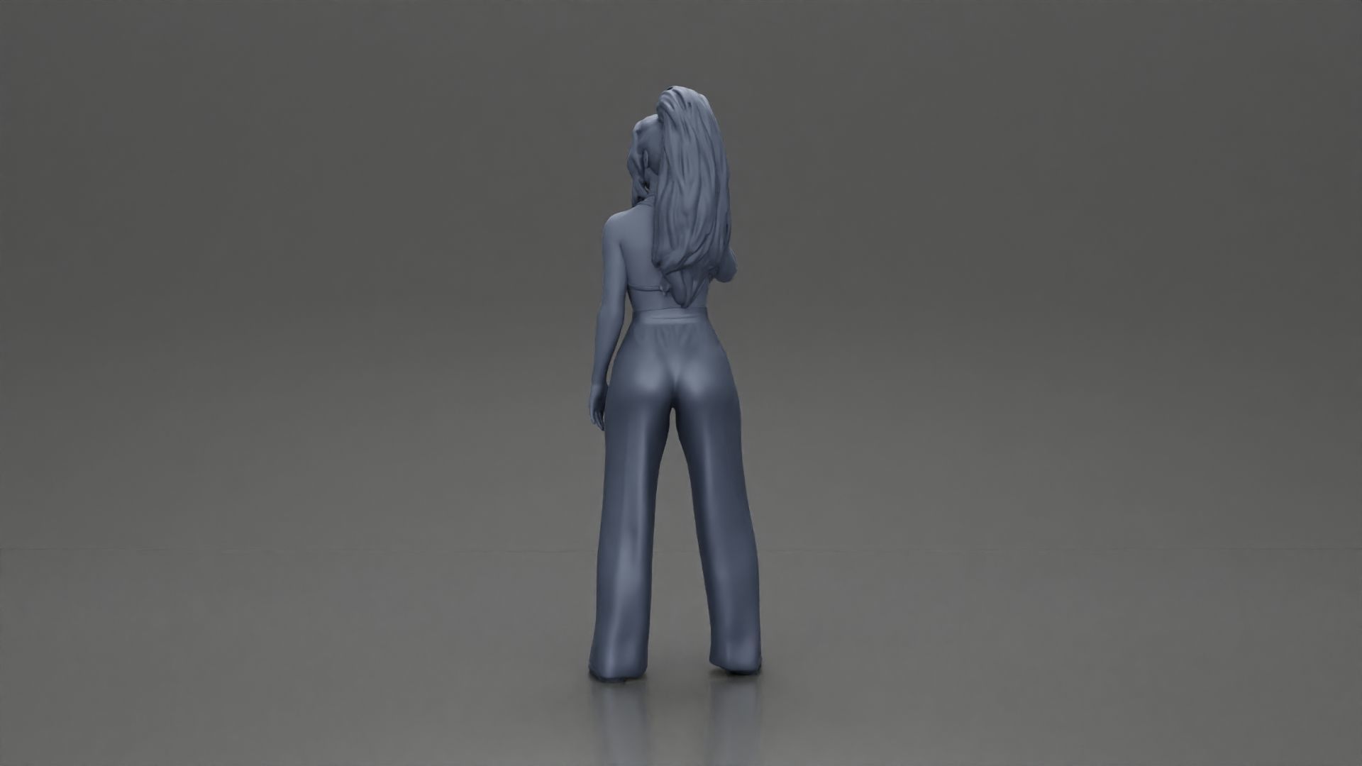 Stylish woman in a crop top and pants standing thoughtfully 3D print model_10