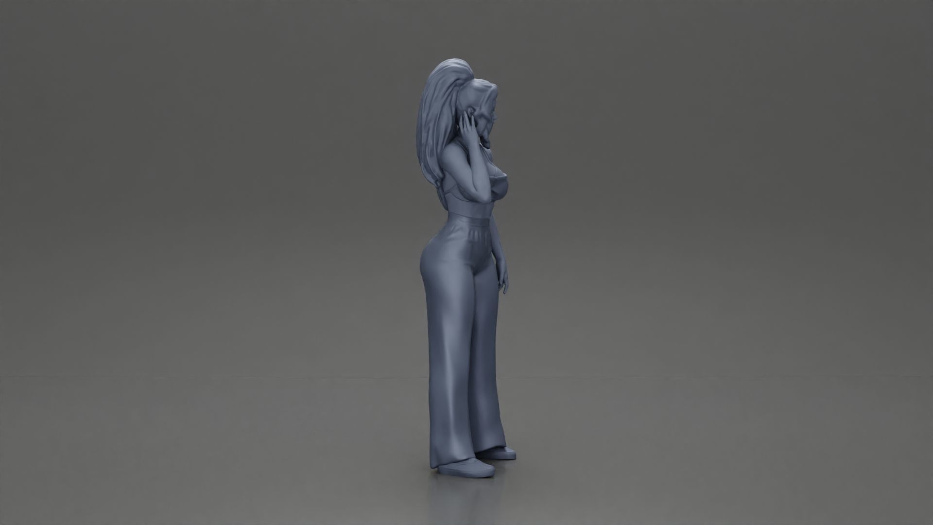 Stylish woman in a crop top and pants standing thoughtfully 3D print model_8