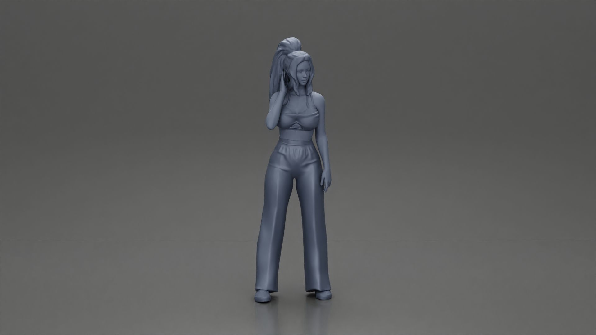 Stylish woman in a crop top and pants standing thoughtfully 3D print model_7