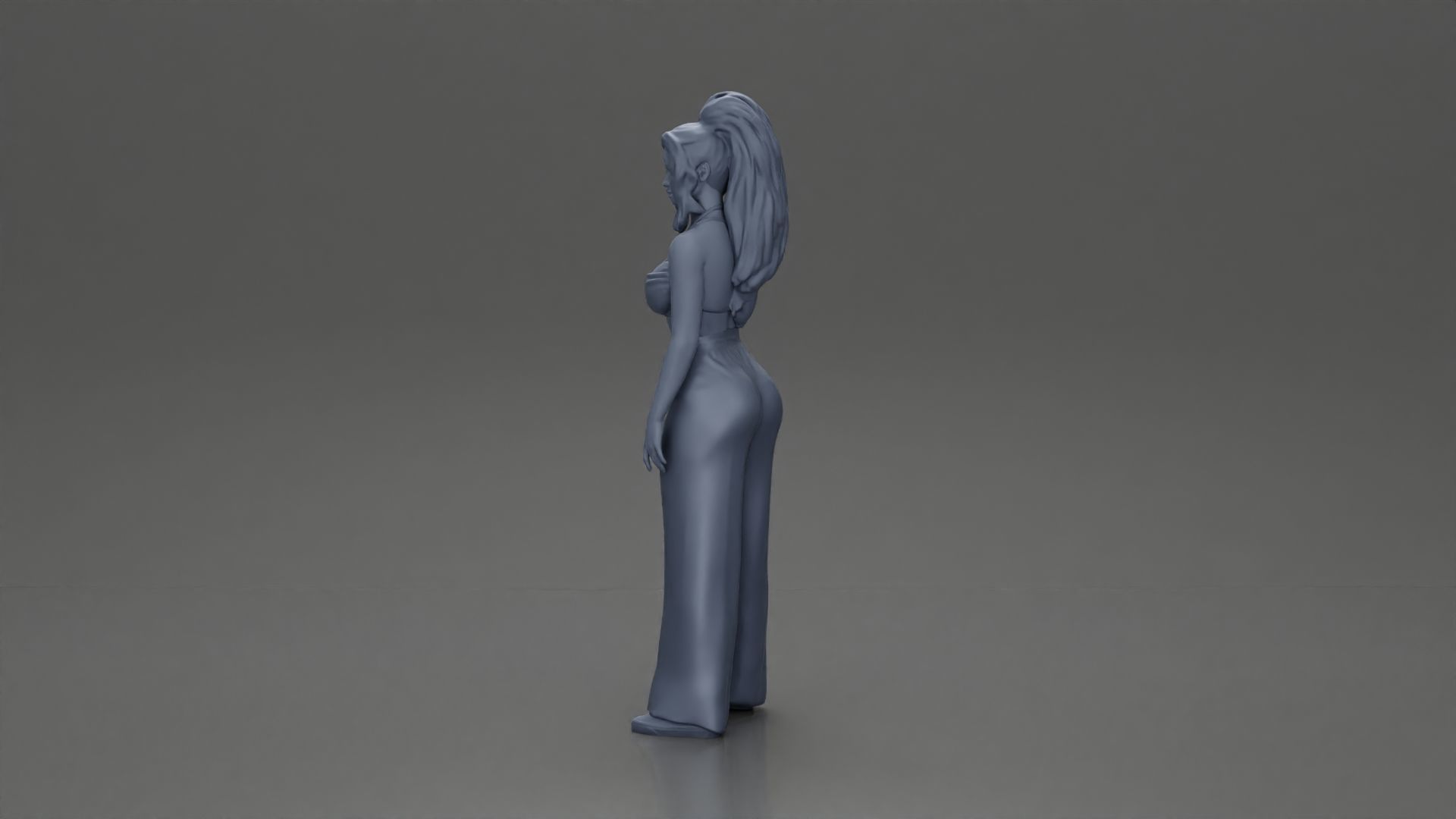Stylish woman in a crop top and pants standing thoughtfully 3D print model_11