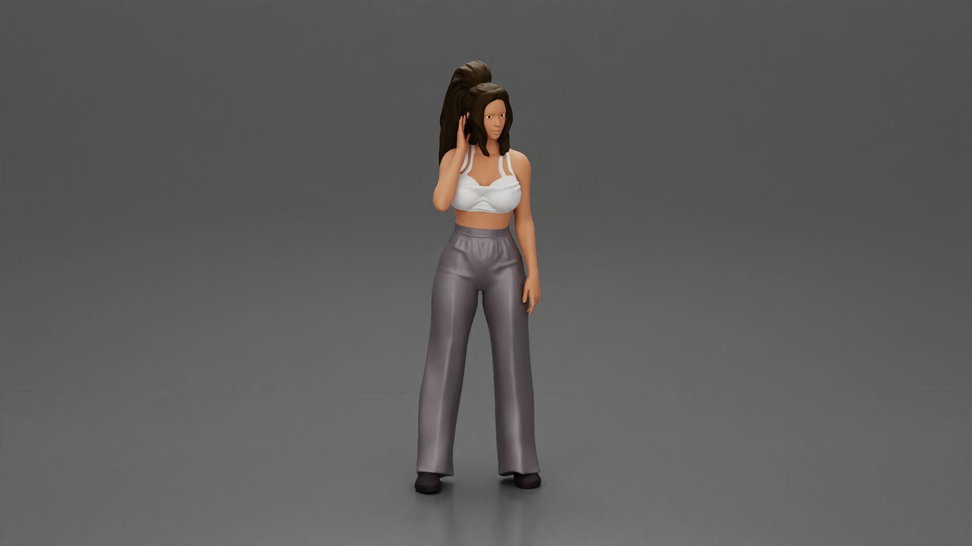 Stylish woman in a crop top and pants standing thoughtfully 3D print model_1