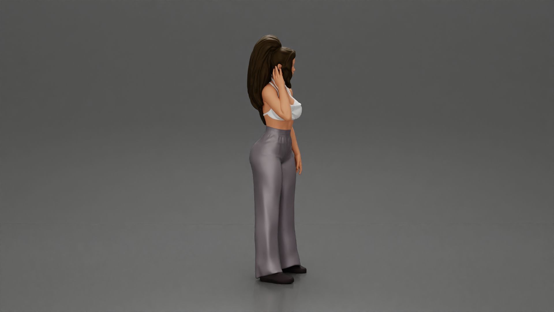 Stylish woman in a crop top and pants standing thoughtfully 3D print model_2