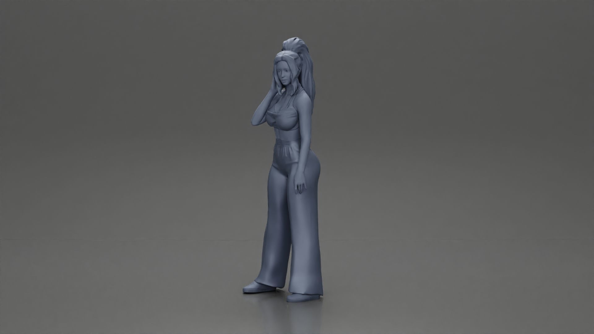 Stylish woman in a crop top and pants standing thoughtfully 3D print model_6