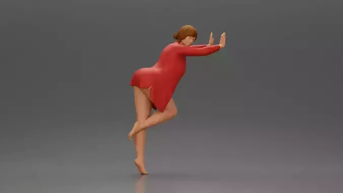 woman in an open long shirt bikini leaning with against the wall