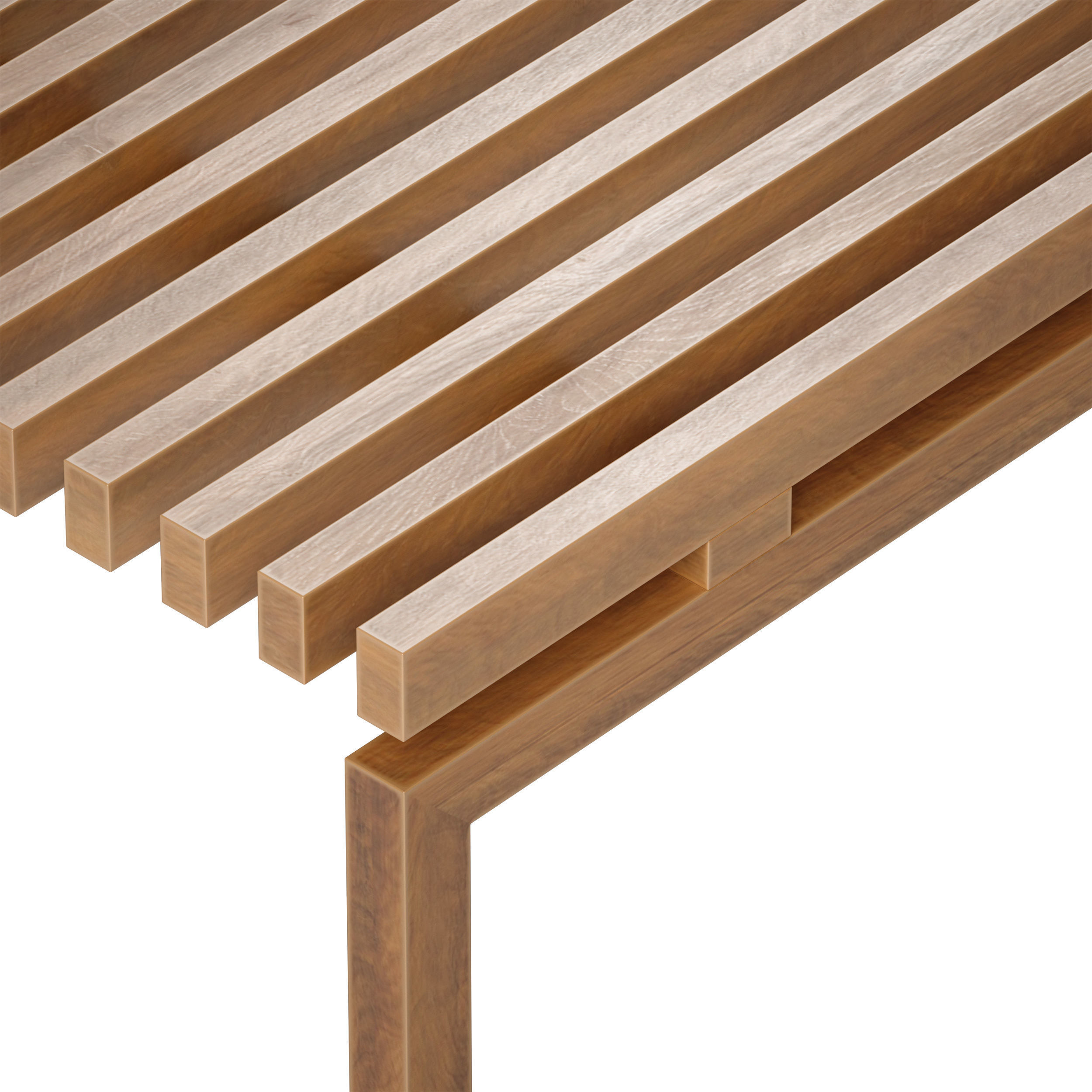 Wooden slatted bench made of light and dark wood 3D model_11