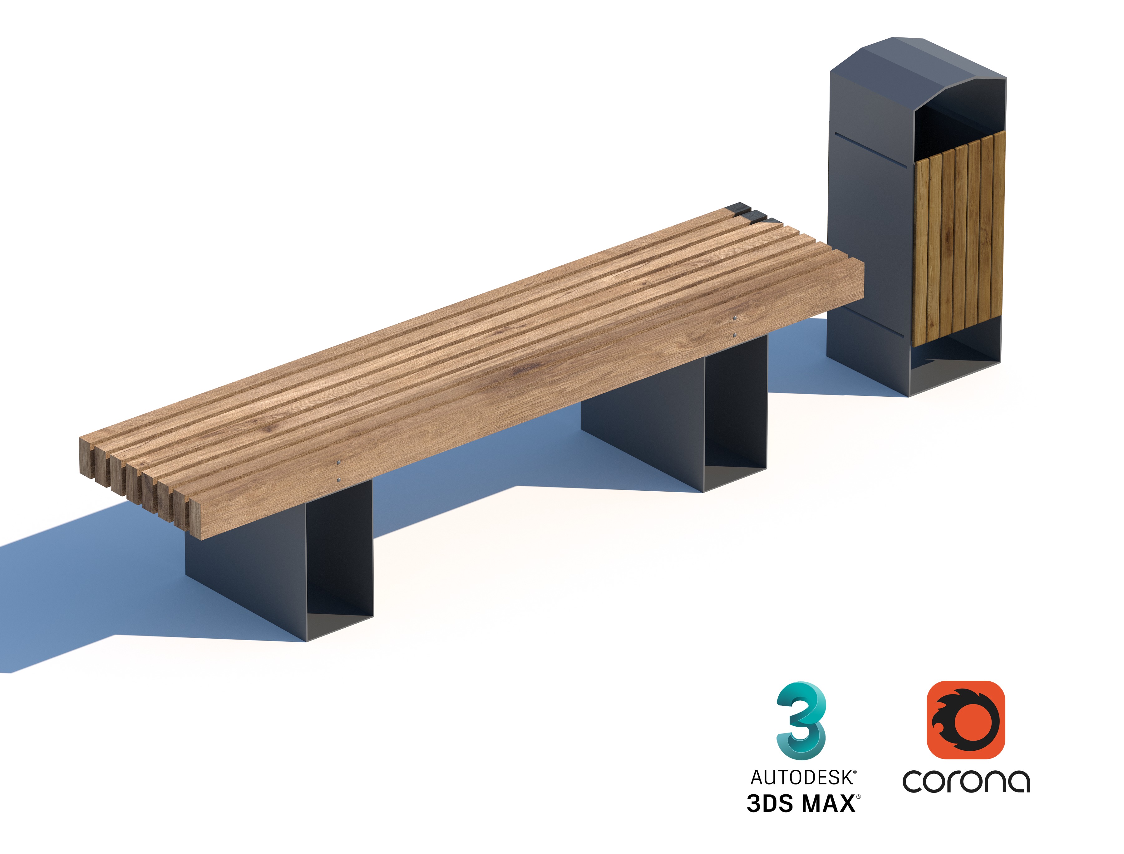 Modern Basic Outdoor Bench with Integrated Trash Bin 3D model_1