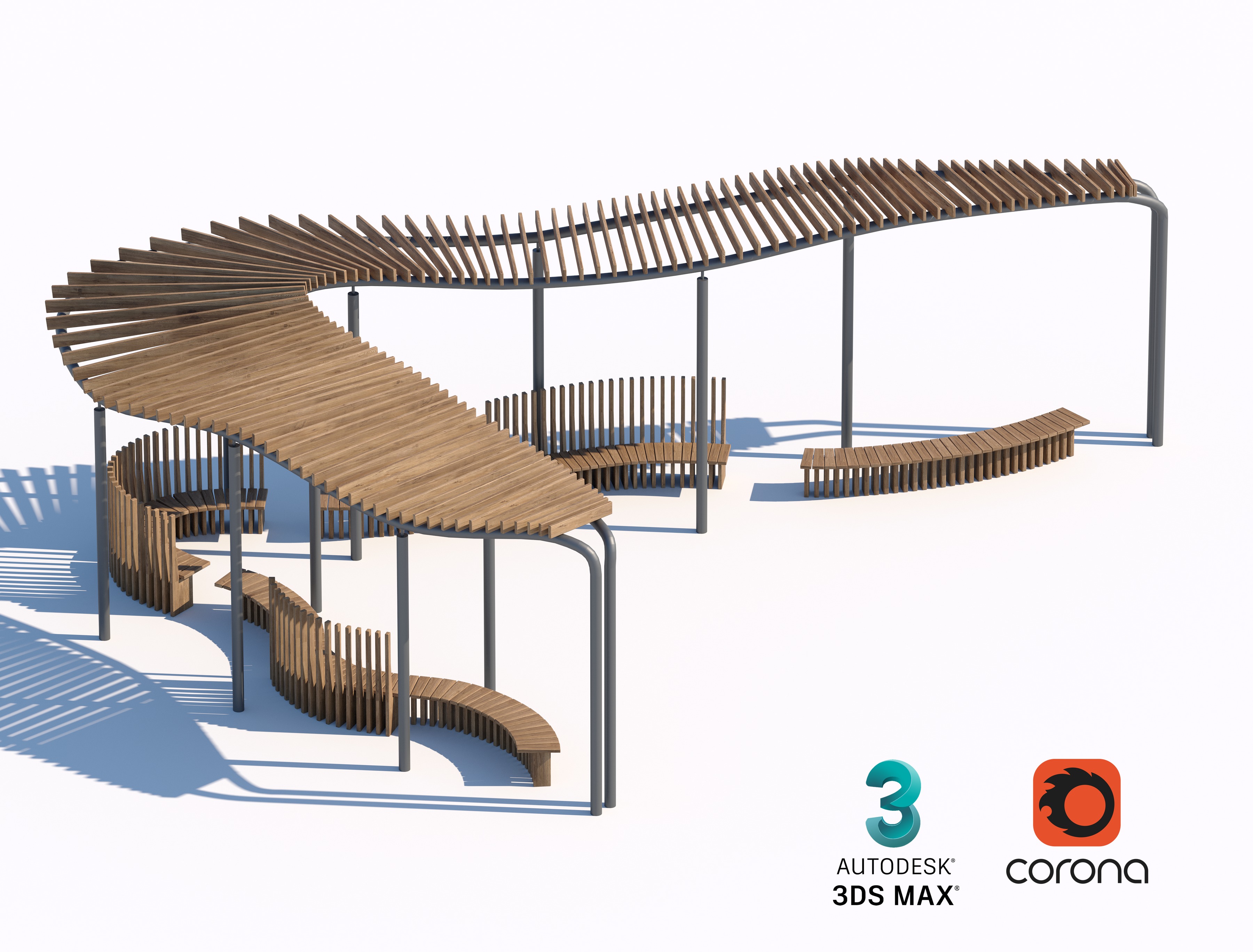 Modern Curved Wooden Pavilion with Seating for Outdoor Spaces 3D model_1