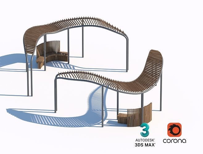 Curved Wood and Metal Pavilion with Bench Seating 3D model