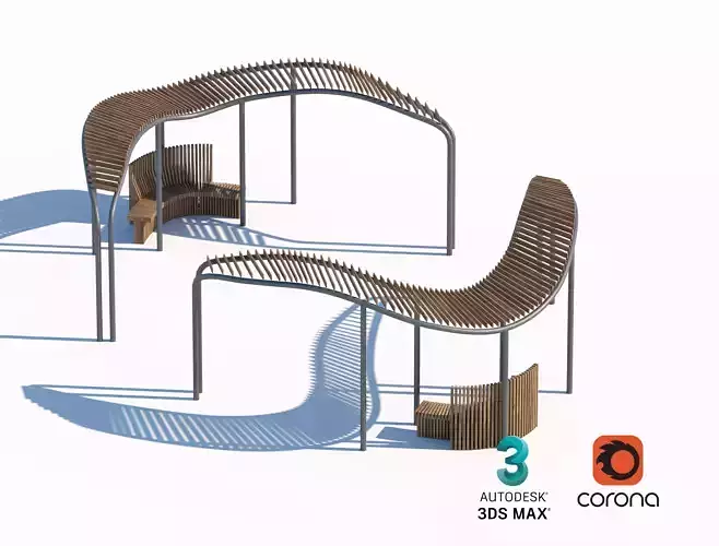 Curved Wood and Metal Pavilion with Bench Seating