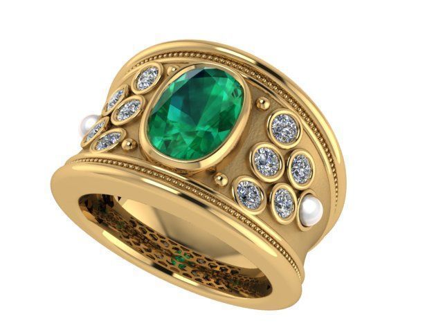 Gold Emerald and Diamond Ring 3D print model_1