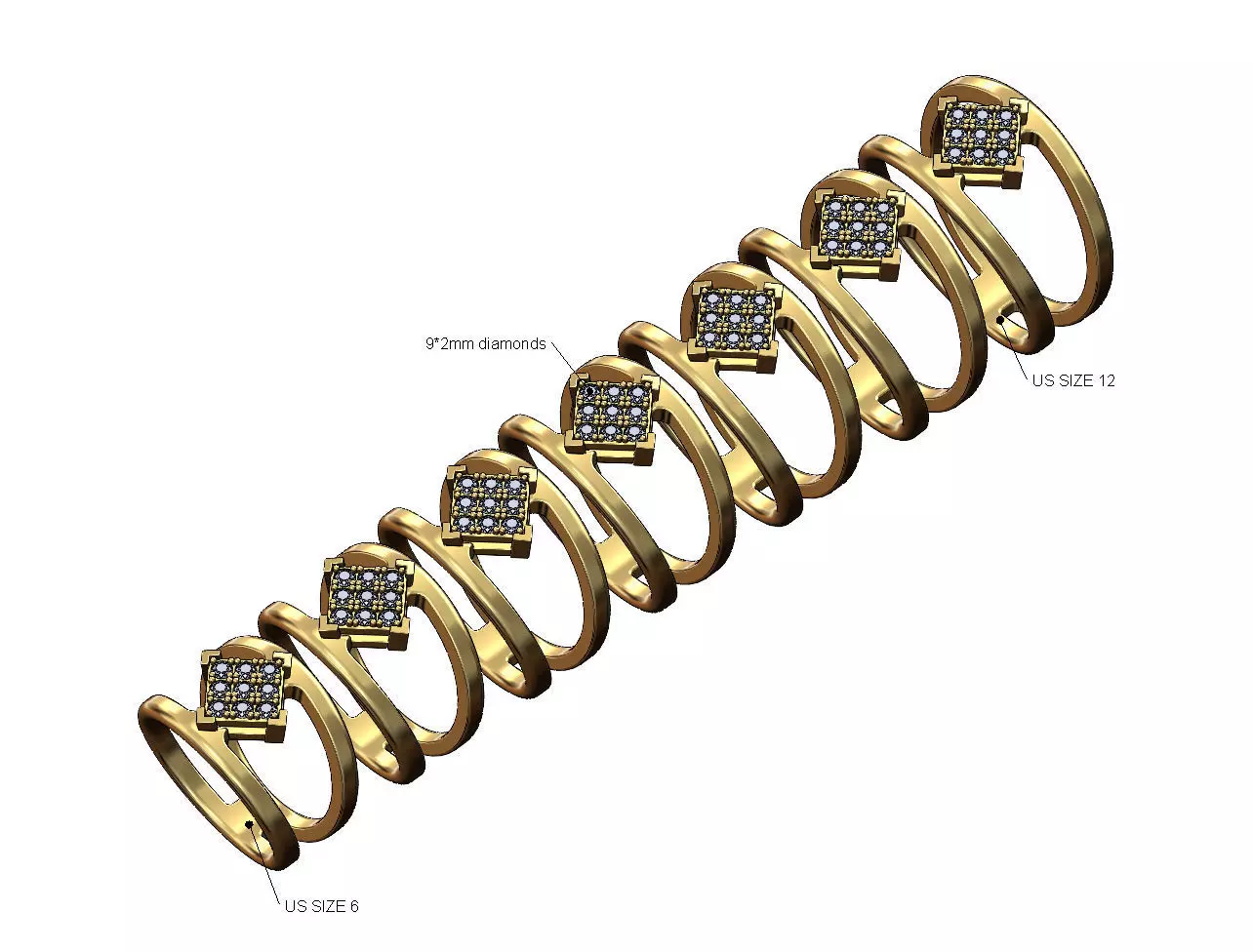 Diamond square bezel cluster open wide band US sizes 6to12 3D print model_0