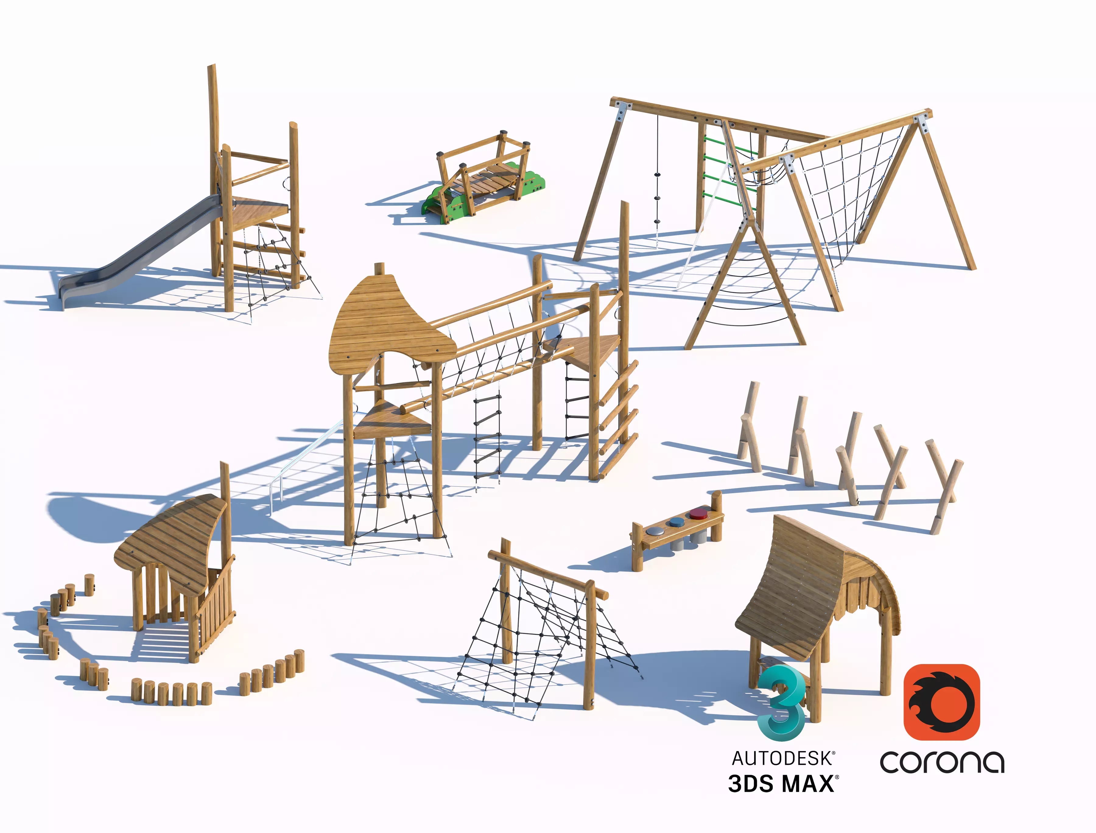 Natural Wooden Playground Set 3D model_0