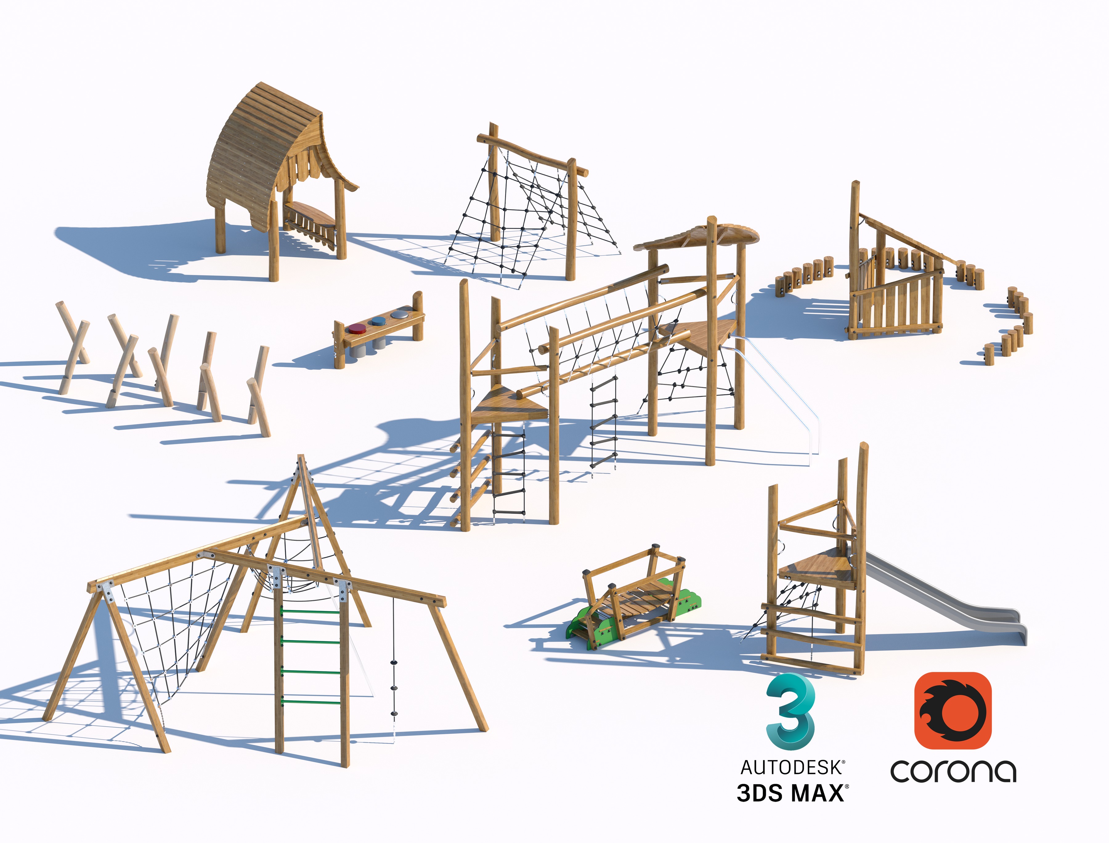 Natural Wooden Playground Set 3D model_1