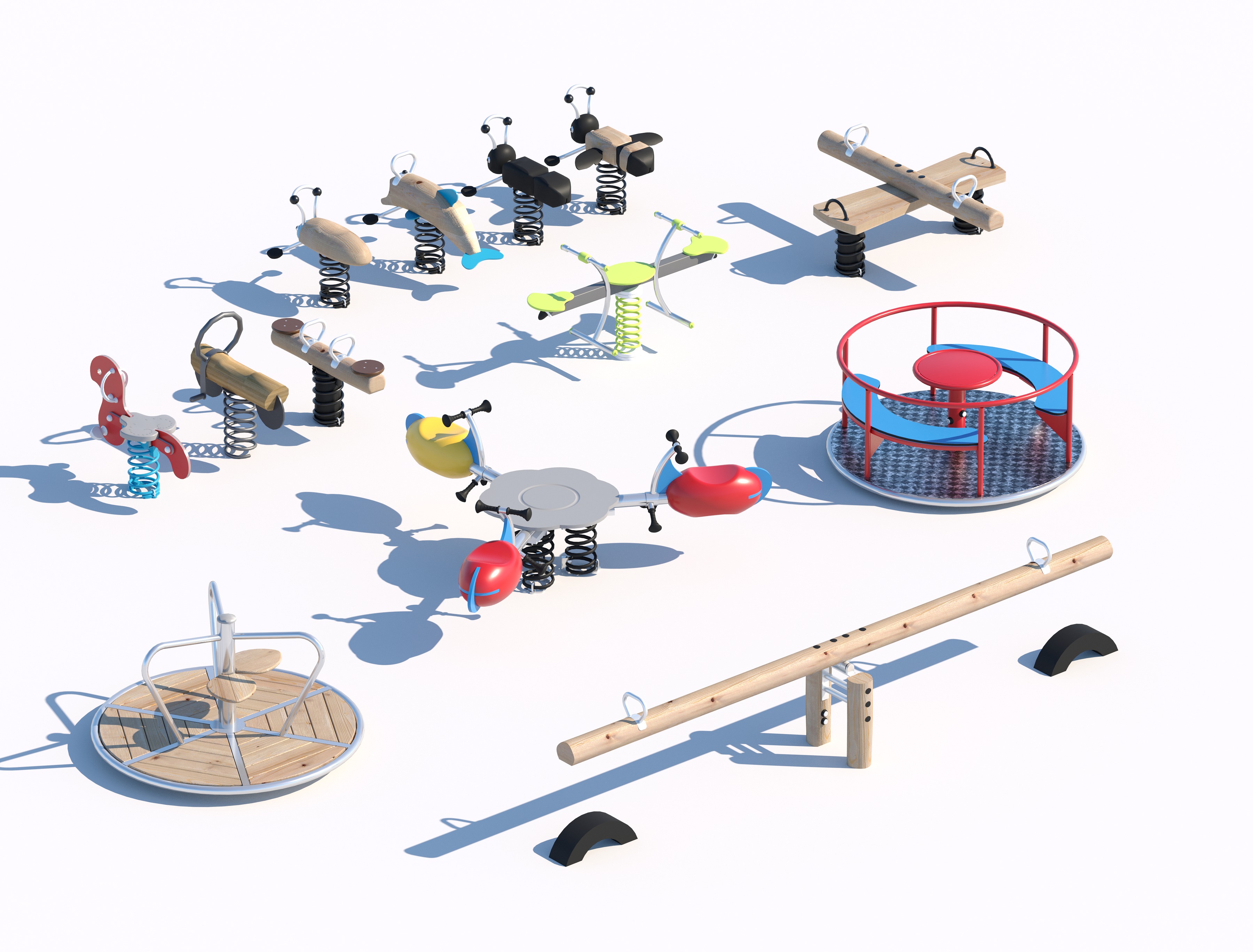 Playground Seesaws Rides and Merry-Go-Rounds Set 3D model_1