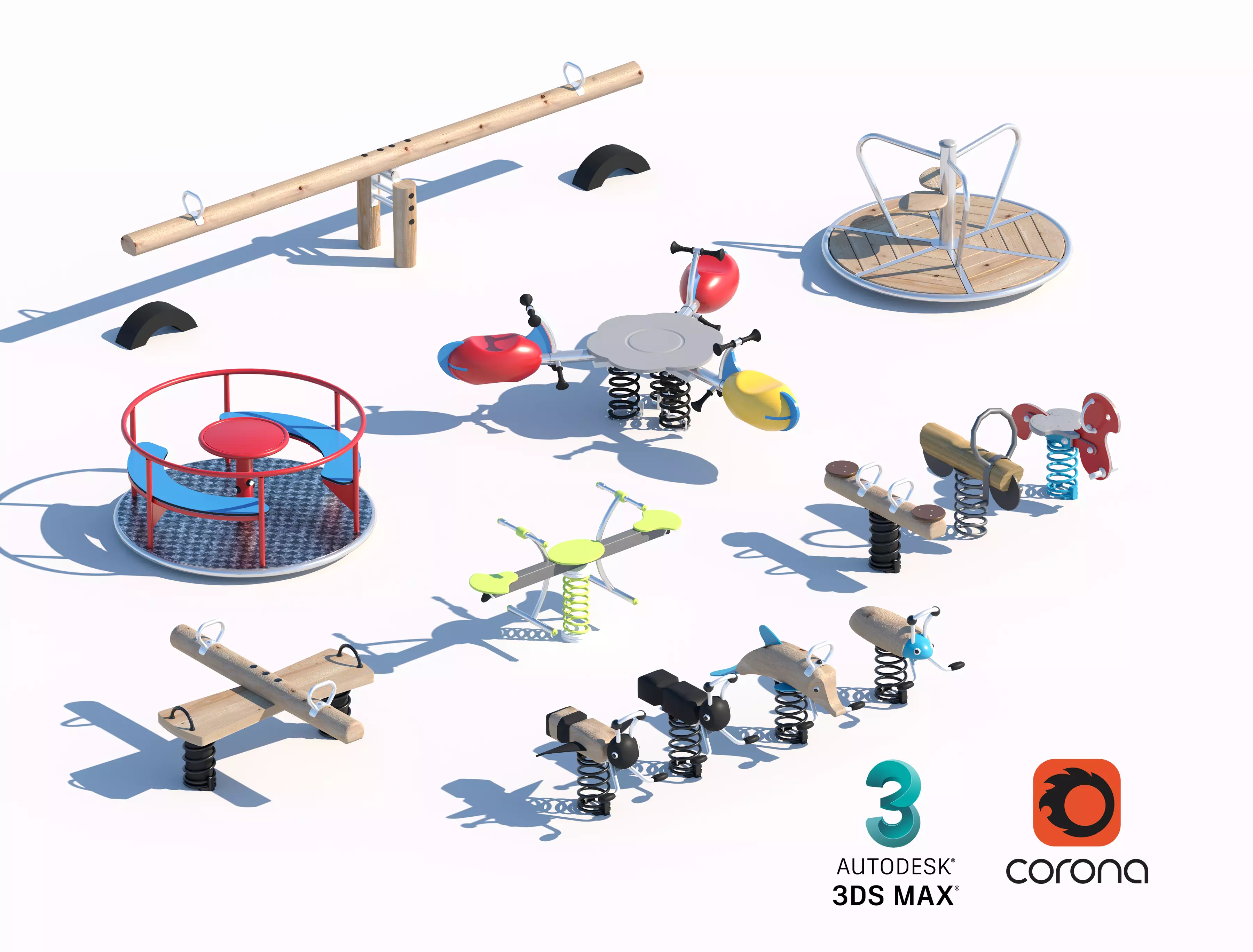 Playground Seesaws Rides and Merry-Go-Rounds Set 3D model_0