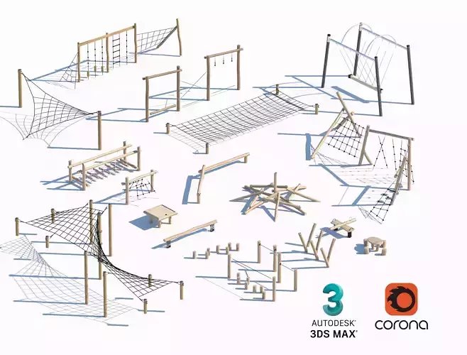 Wooden Climbing Nets and Playground Structures Set 3D model Wooden Climbing Nets and Playground Structures Set 3D model
